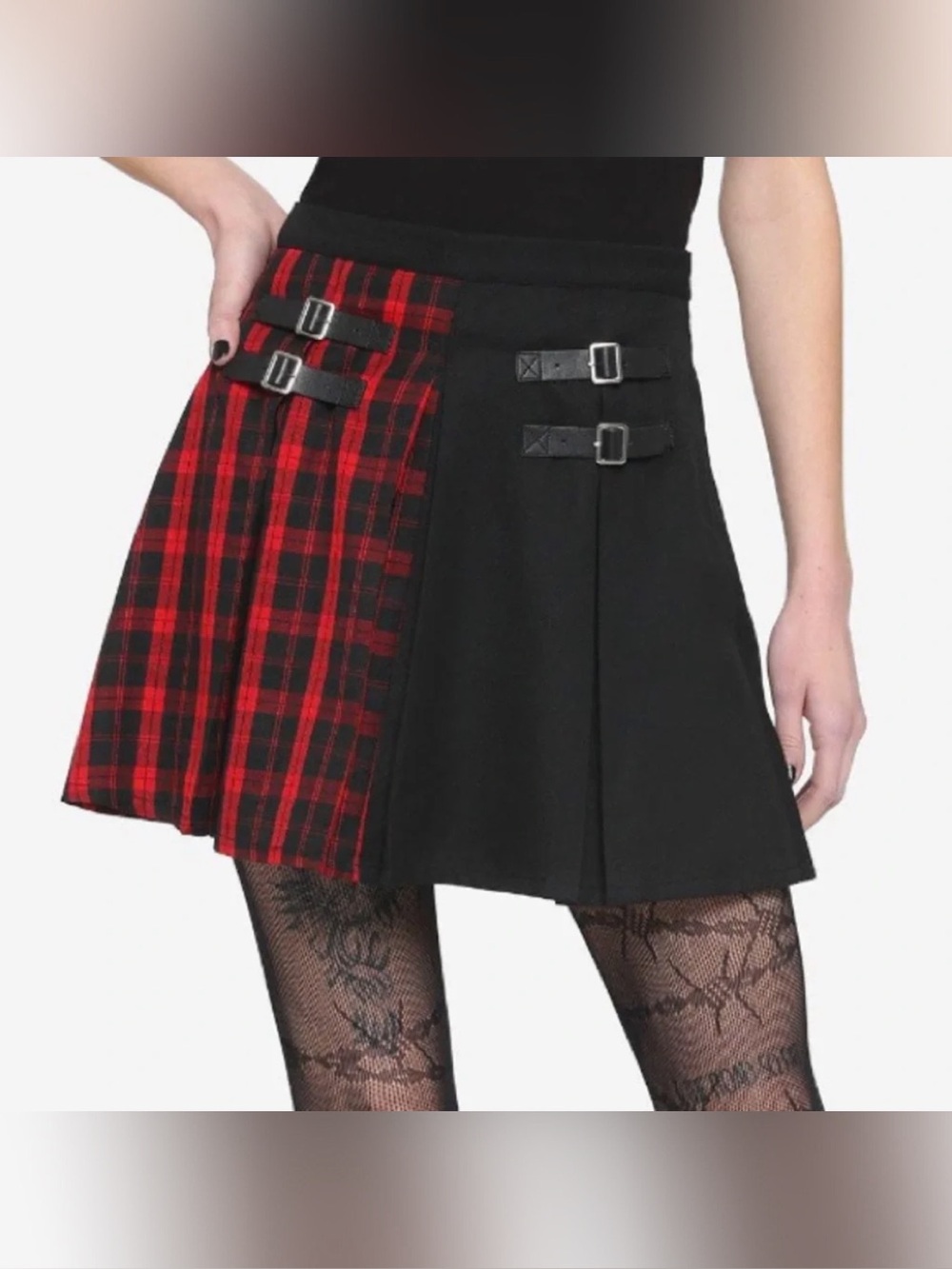 Hot Topic Red Plaid & Black Split Buckle Skirt Size XS